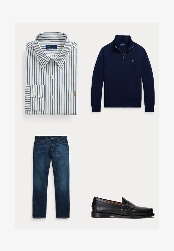 Tumesinine pikavate varrukatega kampsun, poole lukuga kaelusega ja väikese valge Polo Ralph Laureni logoga vasakul rinnal.; Kogutud valge triiksärk meresiniste vertikaalsete triipudega, nööpidega kraega ja Polo Ralph Laureni logo rinnal tikitud.; Tumed sinise teksaseid, mis on reitel ja taskutel kergelt pleekinud, nööbi ja luku sulgemisega ning viie taskuga, tasapinnal valgel taustal.; Mustast nahast loafer madala kontsa ja penny rihma detailiga, näidatud küljelt helehallil taustal.