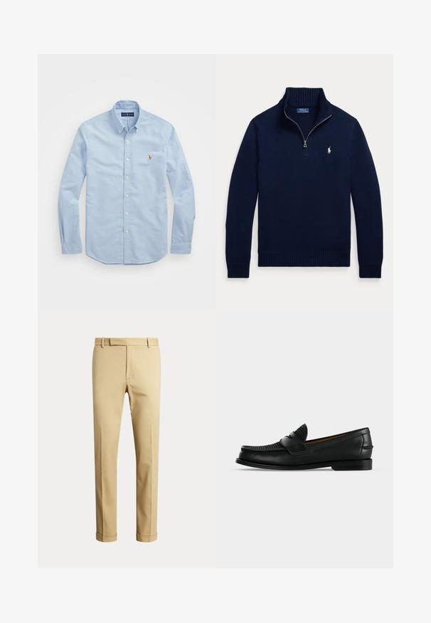 Tumesinine pikavate varrukatega kampsun, poole lukuga kaelusega ja väikese valge Polo Ralph Laureni logoga vasakul rinnal.; Heledad sinine pika varrukaga nööpidega särk, mis on valmistatud puuvillast, klassikalise kraega ja rinnal on väike punane tikandiga logo.; Meeste beežid mõõdulised püksid vööaasade ja mansettidega, esitatud ühevärvilise heleda tausta ees.; Meeste mustast nahast mokassiinsukk punutud ülaosaga ja madala kontsaga, mis on nähtav küljelt tühjal valgel taustal.