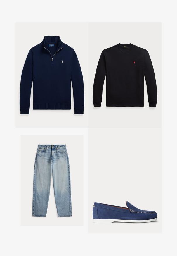 Marineblå langærmet sweater med halvlange lynlås krave og lille hvid Polo Ralph Lauren-logo på venstre bryst.; Langærmet sort bomulds skjorte med rund halsudskæring, der har et lille rødt logo på brystet. Glat tekstur og tætsiddende design.; Lyseblå denimjeans med løs pasform. Har høj talje, fem lommer og synlige syninger. Overfladen er let tekstureret.; Blå ruskindsloafer med hvid sål og beige syninger langs den øverste kant vist mod en ensfarvet hvid baggrund.