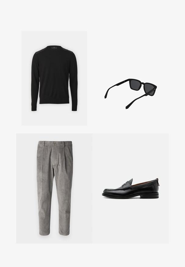 Belstaff KERRIGAN CREW NECK JUMPER - Jersey de punto - black; Pantalones de pana grises con un patrón de rayas verticales texturizadas, con cierre de botón y dos bolsillos laterales. Corte ajustado y largo cropped.; Mocasín de hombre de piel negra con costura moc toe, tira penny, cuello texturizado y tacón bajo apilado sobre fondo blanco.; Gafas de sol rectangulares negras con montura gruesa y lentes oscuras mostradas ligeramente inclinadas sobre un fondo blanco.
