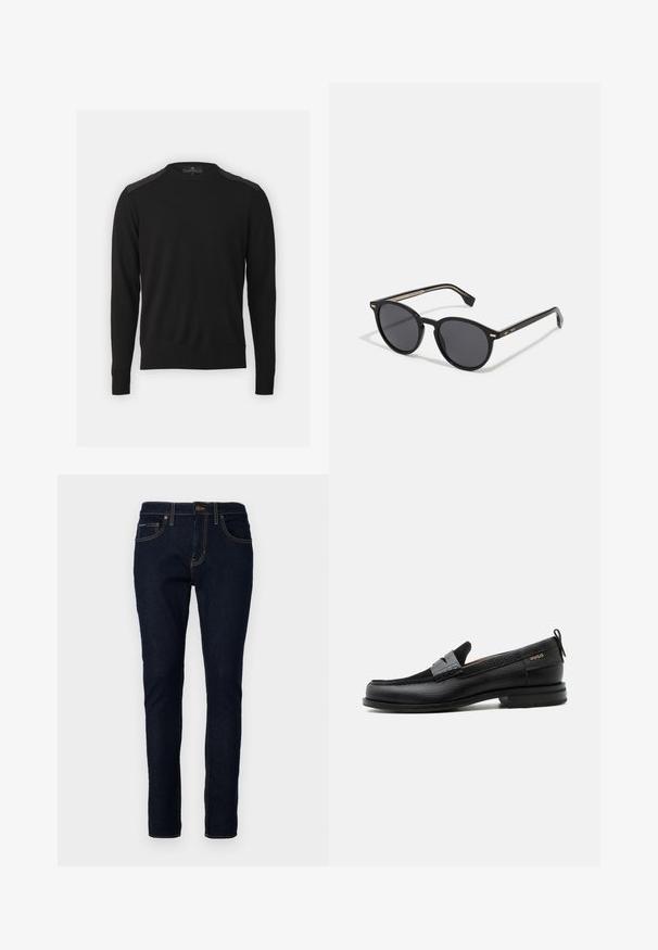 Belstaff KERRIGAN CREW NECK JUMPER - Striktrøje - black; Mørkeblå denimjeans med slim fit, prydet med stikninger, fem lommer og knaplukning i taljen.; Sort læderloafer med grå remdetalje, lav hæl og tekstureret sål, mærket med "HUGO" i guld på siden.; BOSS Solbriller - black