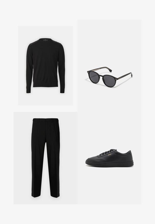 Belstaff KERRIGAN CREW NECK JUMPER - Striktrøje - black; Sorte bukser lavet af glat stof, med lige snit, to forlommer og lynlås med knaplukning.; Sorte lædersneakers med en glat overflade, rund tå, flad gummisål og tonede snørebånd. Udstyret med guld "BOSS" branding på siden.; BOSS Solbriller - black