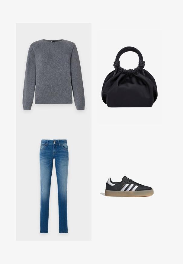 Pieces PCBREE O NECK - Jersey de punto - dark grey melange; Vaqueros de mezclilla azul con un lavado desgastado, que cuentan con un diseño clásico de cinco bolsillos, cierre de botones y un corte recto.; Zapatilla deportiva de cuero negro con tres rayas plateadas, punta texturizada y suela de goma. Cuenta con un collar acolchado y un diseño con cordones.; Bolso de mano de tela negra suave con parte superior fruncida y asas acolchadas circulares atadas con nudos a cada lado.