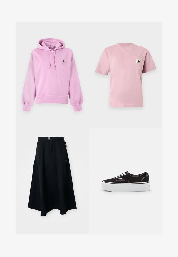 Svetlofialová pulóverová mikina s kapucňou a šnúrkami, s rebrovanými manžetami a lemom a malou čiernobielou nášivkou s logom Carhartt na hrudi.; Svetloružové tričko s krátkym rukávom a ľavým vreckom na hrudi s malou nášivkou Carhartt loga.; Čierna dlhá sukňa vyrobená z pevnej látky, s plochým pásom a sponou a bočnými vreckami. Logo detail na prednej strane.; Čierne plátenné tenisky s bielou gumovou platformou, s bielymi šnúrkami a stehmi, ikonickým logom na boku, nízkoprofilový dizajn.