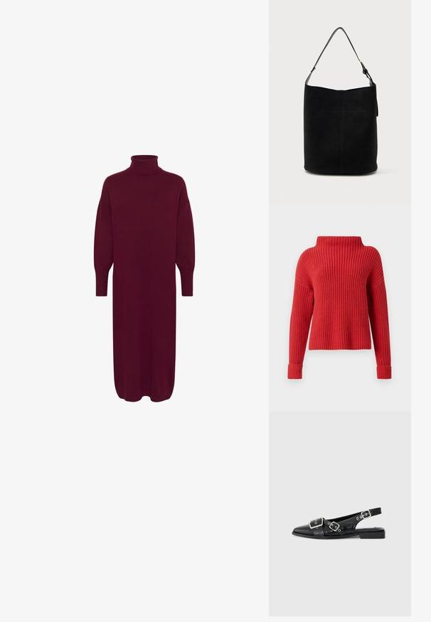 Pull en tricot rouge avec un col montant, texture côtelée, manches longues et poignets ajustés. Design décontracté et ample, idéal pour le superposition.; Robe tricotée bourgogne avec un col montant, des manches bouffantes longues et une coupe décontractée. L'ourlet tombe juste au-dessus des chevilles, présentant une texture lisse.; Chaussure slingback en cuir noir avec un bout pointu, deux boucles en argent et un petit talon carré. Présente un dessus texturé et un dos ouvert.; Sac seau en cuir noir avec une seule sangle d'épaule réglable et des coutures minimalistes sur le devant.