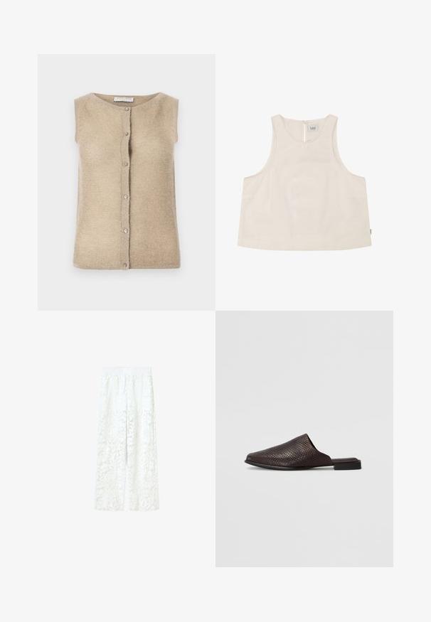 Beige ærmeløs cardigan lavet af blødt strikstof, med rund halsudskæring og frontlukning med sølvfarvede knapper.; Ærmeløs beige crop top med rund halsudskæring og lukning med knapper bagpå, med en lille "Lee" mærkat indeni kraven.; Hvide bukser med vide ben, elastisk talje og halv-gennemsigtigt blomsterblonde mønster over hele stoffet.; Sort slip-on mule lavet af tekstureret materiale med et reptilmønster, der har en lav, flad hæl og et afrundet, åbent tådesign.