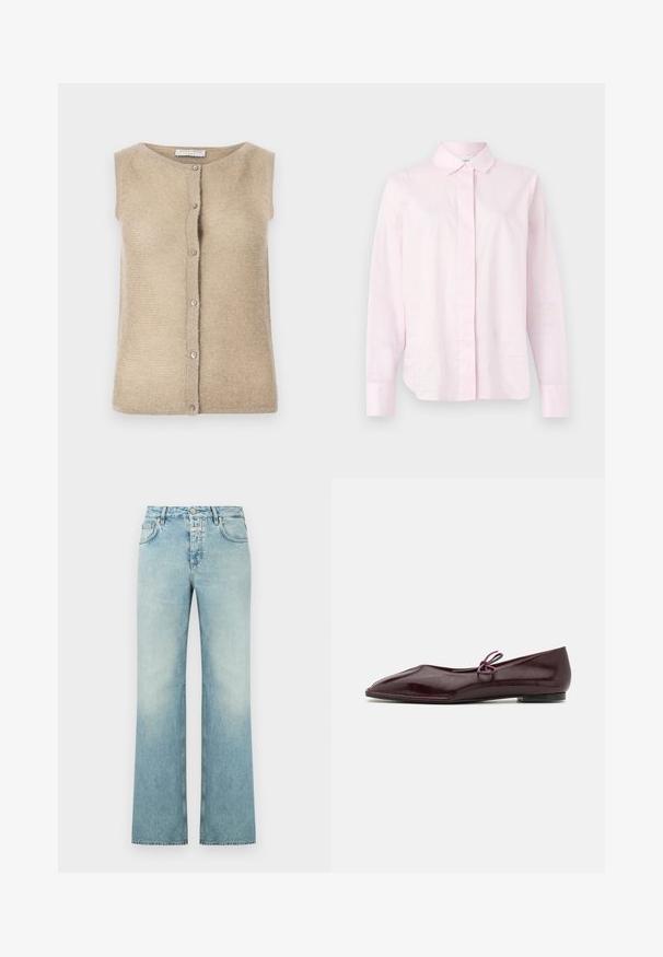 Cardigan sans manches beige en maille douce, avec un col rond et une fermeture à boutons à l'avant avec des boutons en ton argent.; Chemise rose clair à manches longues en coton, dotée d'un col classique, d'une patte de boutonnage à l'avant et d'une coupe légèrement décontractée. Texture lisse sans motifs.; Jean large en denim bleu clair avec une finition délavée, doté d'une fermeture à boutons, de cinq poches et d'une coupe droite.; Ballerines en cuir verni bordeaux avec un bout pointu et un nœud décoratif violet sur le cou-de-pied ; design à semelle plate.