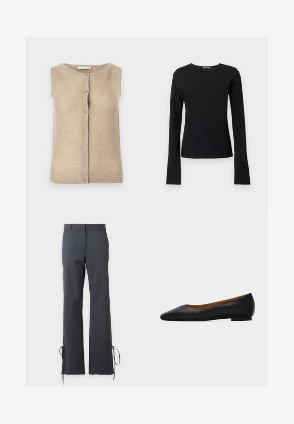 Cardigan sans manches beige en maille douce, avec un col rond et une fermeture à boutons à l'avant avec des boutons en ton argent.; T-shirt noir ajusté à manches longues avec col rond, ourlet droit et tissu lisse, présenté sur un fond clair uni.; Pantalon sur mesure gris foncé avec jambes droites et liens aux ourlets, équipé de passants de ceinture et d'une fermeture avant dissimulée.; Chaussure plate en cuir noir à bout pointu avec talon bas et finition lisse, vue de côté sur un fond gris clair.