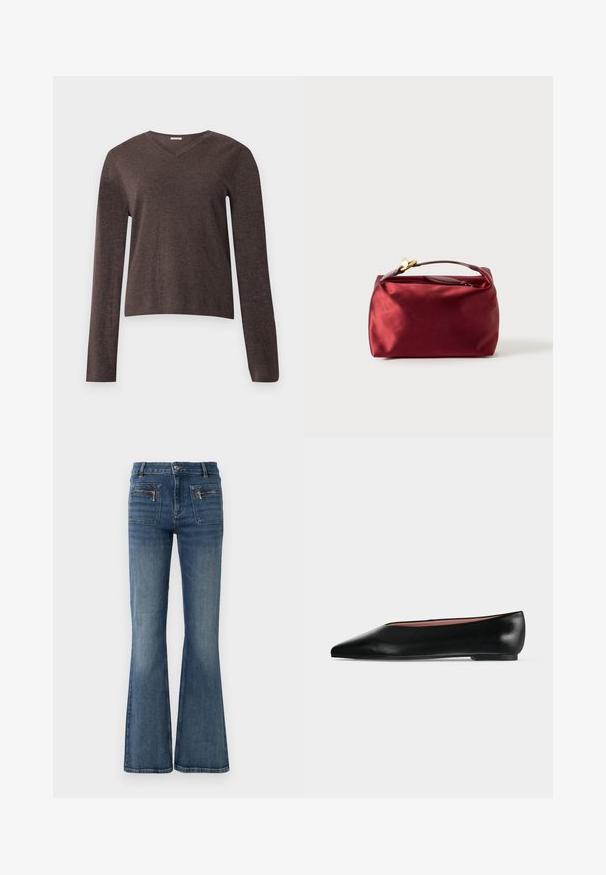 Pull marron col en V à manches longues avec une texture tricotée simple et des poignets et ourlet côtelés, présenté sur un fond clair uni.; Jeans en denim bleu évasés avec une taille mi-haute, dotés de poches avant et arrière et d'un léger délavage.; Chaussure plate en cuir noir pour femme, avec bout pointu et petit talon, vue de côté sur un fond gris clair uni.; Trousse de maquillage en satin bourgogne de forme rectangulaire, avec fermeture éclair et une poignée courte. Présente un design minimaliste et une texture lisse.