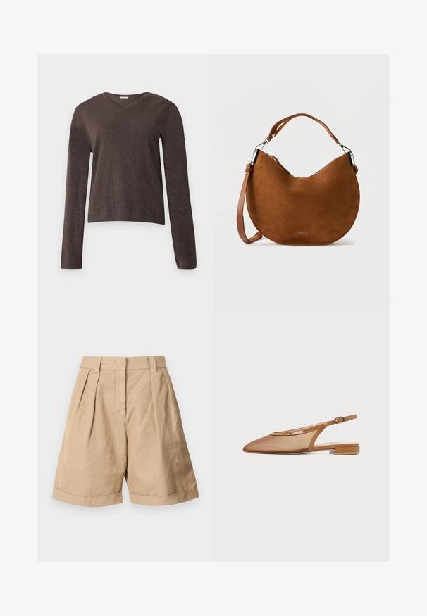 Pull marron col en V à manches longues avec une texture tricotée simple et des poignets et ourlet côtelés, présenté sur un fond clair uni.; Shorts en lin beige avec une taille haute, deux plis à l'avant et des ourlets roulés. Texture lisse avec un design ajusté.; Chaussure plate marron à bride arrière avec bout pointu, dessus en mesh, finition vernie et petit talon bloc, vue de profil.; Sac d'épaule en daim marron en forme de croissant, avec une bandoulière unique et une fermeture éclair. Texture lisse avec un léger éclat.