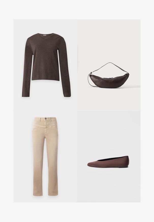 Bruine V-hals trui met lange mouwen, een eenvoudige gebreide structuur en geribbelde boorden en zoom, weergegeven op een effen lichte achtergrond.; Beige straight-leg jeans van zachte stof, met een knoopsluiting aan de voorkant, twee voorzakken en subtiele stikdetails.; Bruine stoffen balletschoenen met een puntige neus en een gladde textuur, voorzien van een lage achterkant en een dunne zwarte zool. Geen zichtbare patronen of metalen onderdelen.; Donkerbruine leren schoudertas in halve maan vorm met een gebogen band en zichtbare stiksels op een effen achtergrond.