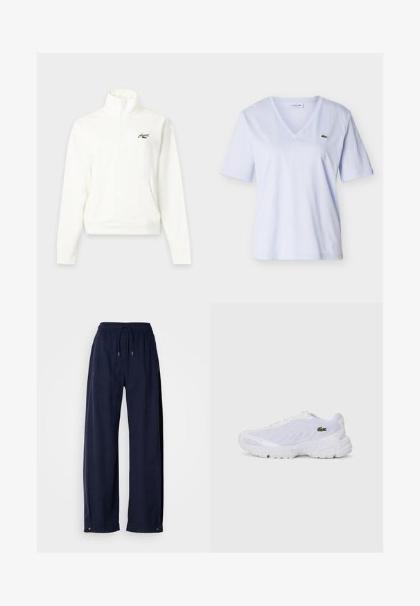 Hvid quarter-zip pullover med høj krave, lange ærmer, forlommer og lille broderet logo på venstre bryst.; Lyseblå kortærmet T-shirt med V-hals og en lille grøn krokodille-logo på venstre bryst, vist på en ensfarvet baggrund.; Mørkeblå, brede bukser lavet af et blødt materiale. Har en elastisk talje med snor og metalaccent ved kanten.; Hvide atletiske sko med mesh-overdel, tekstureret design og polstret krave. Har grønt logo på siden og polstret sål for komfort.