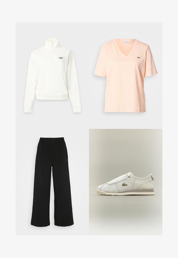 Hvid quarter-zip pullover med høj krave, lange ærmer, forlommer og lille broderet logo på venstre bryst.; Lyse ferskenfarvet v-hals t-shirt i bomuld med korte ærmer, med en lille grøn Lacoste-logo på venstre brystområde.; Sorte brede bukser med elastisk talje. Fremstillet af et blødt, let materiale. Har lodrette syninger foran.; Hvid lav sneakers med beige sål, syningdetaljer, Lacoste krokodillelogo på siden og minimal snørebånd på ensfarvet baggrund.