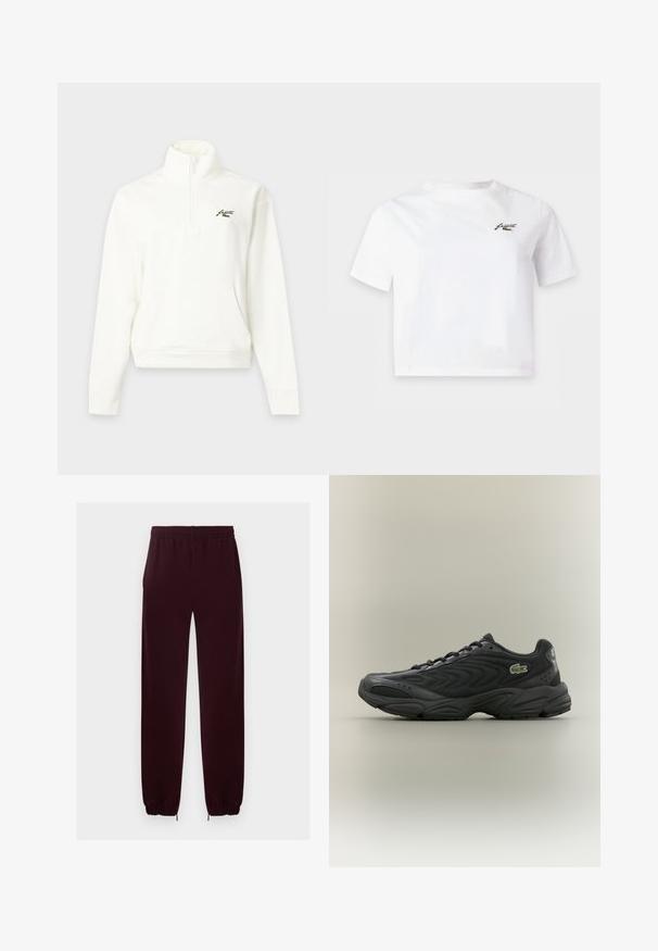 Hvid quarter-zip pullover med høj krave, lange ærmer, forlommer og lille broderet logo på venstre bryst.; Hvid kortærmet cropped t-shirt med lille sort logo på venstre bryst.; Mørke bordeaux joggingbukser med elastisk talje, elastiske manchetter og smalle, tilspidsede ben, vist på en ensartet lys baggrund.; Sort træningssko med en struktureret overdel, bølget design og polstret krave. Har en gummisål og et lille grønt logo på siden.