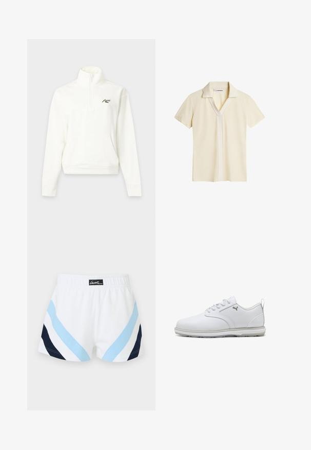Weißer Pullover mit Viertel-Reißverschluss, hohem Kragen, langen Ärmeln, Fronttasche und kleinem gesticktem Logo auf der linken Brust.; Kurzärmliges Poloshirt in hellem Creme mit V-Ausschnitt und kontrastierendem weißen Knopfleiste. Glatter Stoff mit dezentem Glanz und figurbetontem Schnitt.; Weiße Sportshorts mit elastischem Bund, versehen mit hellblauen und marineblauen diagonalen Streifen sowie einem schwarzen Lacoste-Logo-Patch in der Mitte des Rückens.; Weiße Sportschuhe mit glattem Obermaterial aus synthetischem Leder, strukturierten Akzenten, gepolsterter Knöchelstütze und gummierter Sohle mit guter Traktion. Silberne Logodetails.