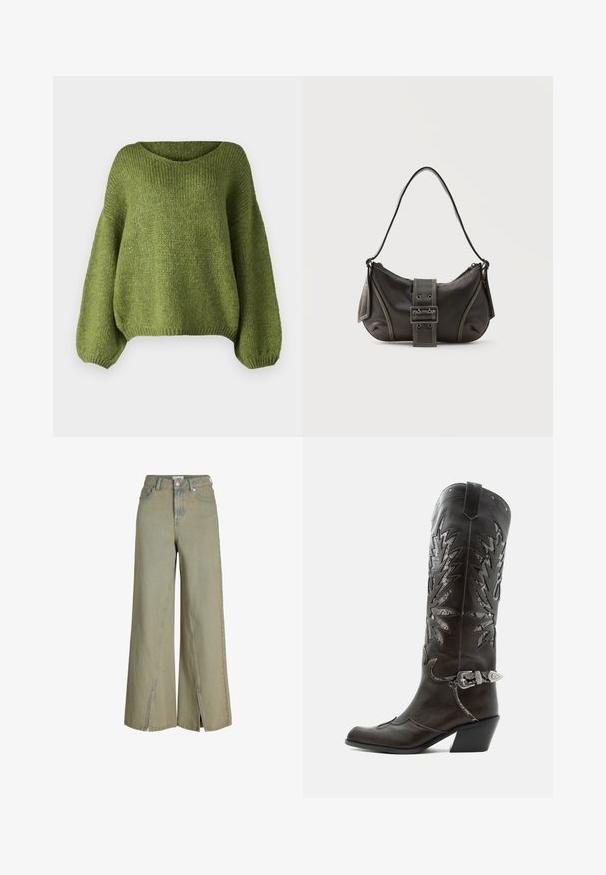 JDY JDYDINEA L/S REVERSIBLE PULLOV. KNT NOOS - Striktrøje - fern; Lysegrønne vide jeans lavet af denim, med høj talje, sideslids og klassiske lomme-detaljer.; Sort læder cowboystøvle med dekorative udskæringer, sølvspænde og skrå hæl, vist på hvid baggrund.; Sort læder skuldertaske med spænde på remmen, afrundede kanter og kontrasterende hvide syninger på en ensfarvet baggrund.