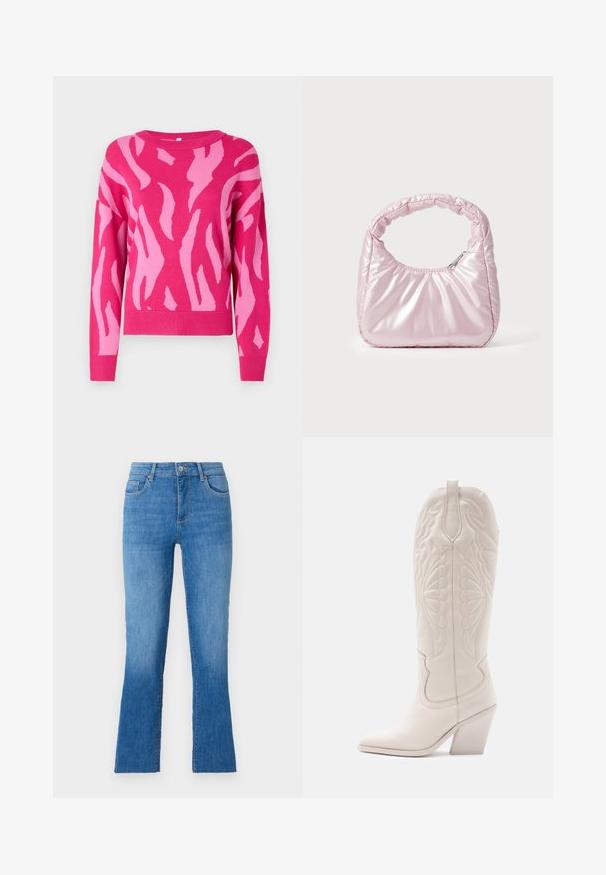 Lyserød sweater med et dristigt abstrakt mønster i en lysere lyserød. Har en rund halsudskæring og ribkant, lavet af et blødt strikmateriale.; Blå denimjeans med en bred bukseben, der har en mellemhøj talje, fem lommer og en klassisk sølvknaplukning. Glat tekstur.; Hvide læder cowboystøvler med spidse tæer og blokhæle. Har intrikate syninger på skaftet og en glat tekstur.; Rosa, polstret håndtaske med afrundet design, lavet af skinnende materiale. Har et samlet håndtag og en lynlås til sikker adgang.
