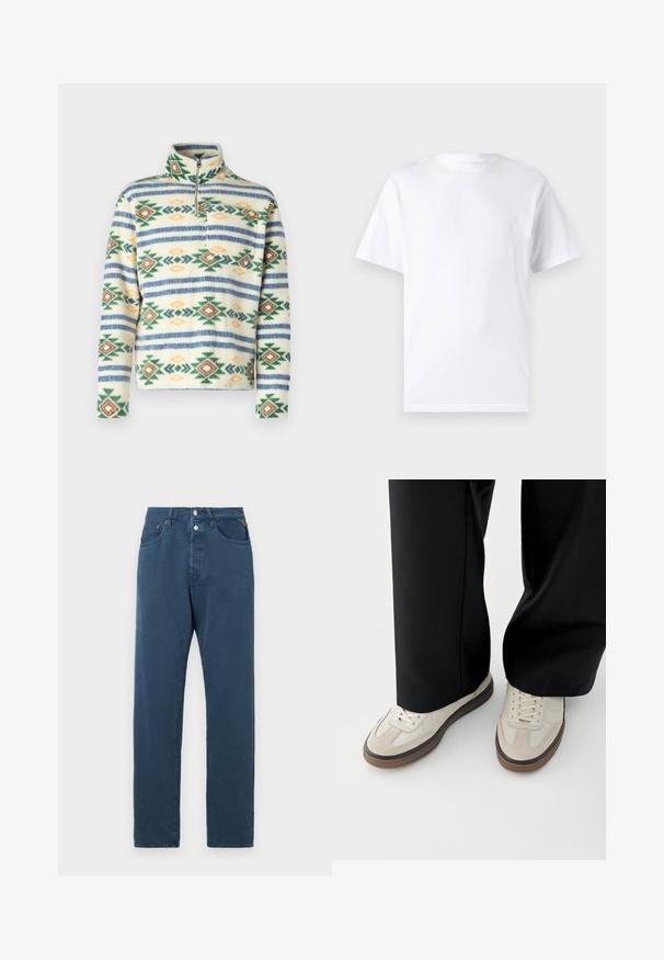 Jack & Jones Anorak Anorak - Fleece trui - bright white; Witte T-shirt met korte mouwen, gemaakt van katoen, met een ronde hals. Het heeft een gladde textuur en een eenvoudig ontwerp zonder patronen of accenten.; Blauwe jeans met een rechte pasvorm, met een hoge taille, twee voorkanten zakken en een knoopsluiting. De stof lijkt glad en eenvoudig.; Voeten met beige sneakers met bruine zolen en zwarte wijde broekspijpen op een witte achtergrond.