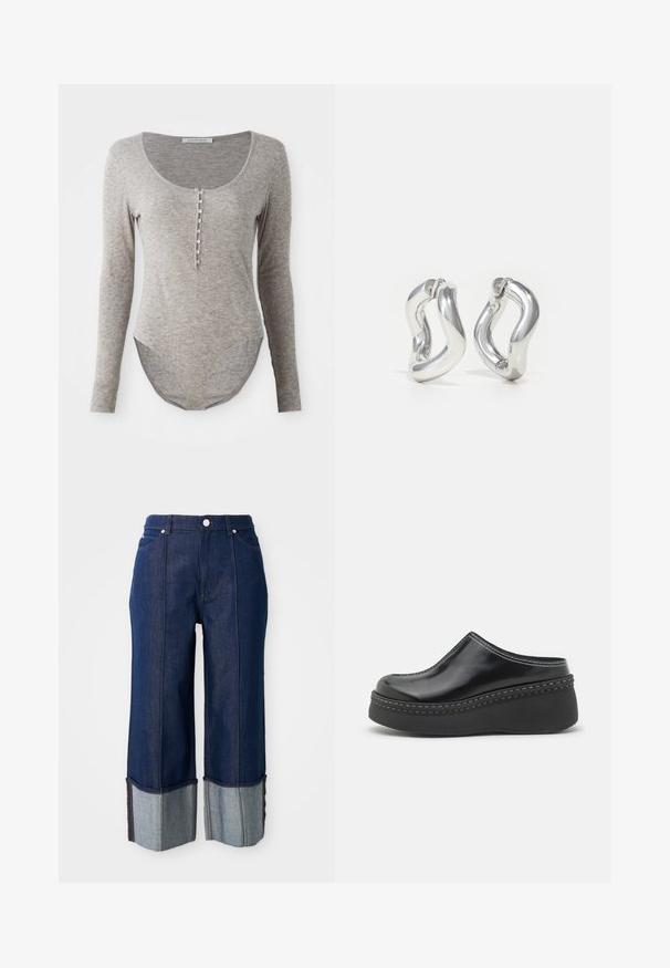 Lange mouw bodysuit van zacht grijs stof, met een ronde halslijn, knoopsluiting en een gebogen zoom voor een perfecte pasvorm.; Donkerblauwe wijde jeans met opgerolde pijpen die lichter denim tonen, met een knoop aan de voorkant en zakken, op een witte achtergrond.; Zwarte glanzende platformklompen met een ronde neus, gebogen bovenkant en contrasterende witte stiksels langs de rand van de zool.; Zilveren oorbellen met een gedraaid ontwerp. Afgeronde randen en een glanzende afwerking. Open sluitingen voor gemakkelijk dragen. Soepele textuur over het geheel.