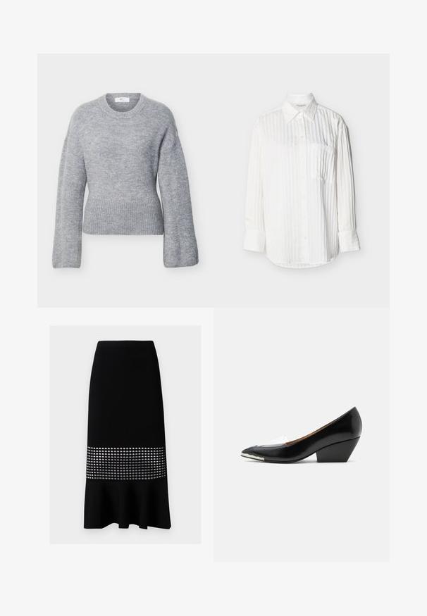 Lysegrå langærmet strikket sweater med ribbet rund halsudskæring, manchetter og kant, vist fladt på en hvid baggrund.; Hvid, langærmet skjorte med knapper, subtile lodrette striber, spids krave, brystlomme foran og manchetter med knapper på ensfarvet baggrund.; Sort ribbet strikket blyantskirt med en udvidet bund og en midtersektion af sølvfarvede cirkulære udskæringer. Glat tekstur, tætsiddende design.; Sort damesko med lav hæl, spids tå, transparent rem og hvid detalje på forreste sål, vist i sideprofil på hvid baggrund.