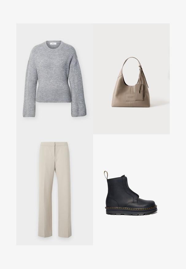 Lysegrå langærmet strikket sweater med ribbet rund halsudskæring, manchetter og kant, vist fladt på en hvid baggrund.; Beige lige ben bukser med flad front og uden synlig hardware eller mønstre. Lavet af glat stof med et rent design.; Sort læder ankelstøvle med elastiske sidepaneler, rund tå, kontrasterende gul syning og en kraftig gummisål.; Taupe læderhåndtaske med en enkelt rem, rektangulært mærkat fastgjort og prægede bogstaver midt på forsiden mod en ensfarvet baggrund.