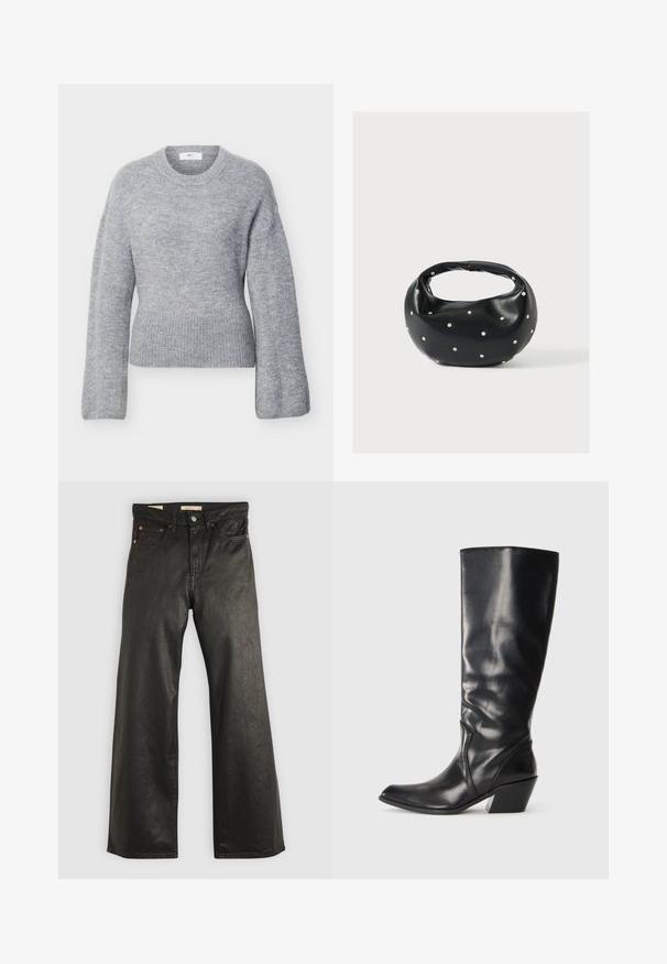Suéter de punto de manga larga en gris claro con cuello redondo, puños y dobladillo acanalados, mostrado plano sobre un fondo blanco.; Pantalones de mezclilla anchos negros con una textura suave, que presentan cinco bolsillos y detalles en metal color cobre. Cierre clásico con botón.; Bota de cuero negra hasta la rodilla con punta afilada, tacón angular y textura suave. Presenta un sutil acento de costura a lo largo del costado.; Bolso de mano de cuero negro con forma redondeada, decorado con detalles de tachuelas plateadas y un asa corta. Textura lisa y cierre con cremallera.