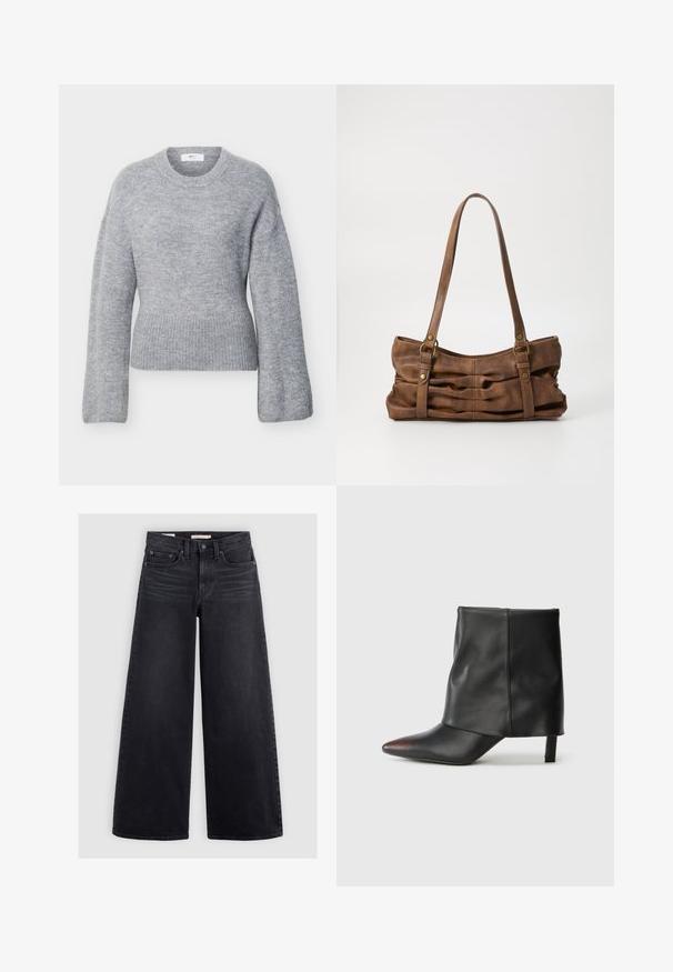 Lysegrå langærmet strikket sweater med ribbet rund halsudskæring, manchetter og kant, vist fladt på en hvid baggrund.; Bredbenede sorte jeans lavet af denim, med høj talje, fem lomme-design og subtilt slid langs forsiden.; Sort ankelstøvle lavet af glat læder med spids tå og tilspidset hæl. Overdelen har et let rynket design.; Even&Odd Håndtasker - brown