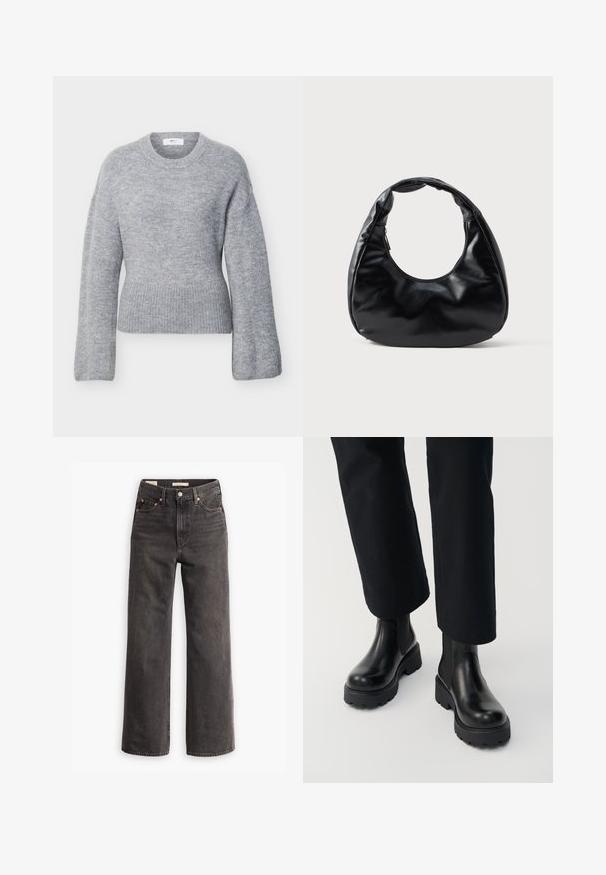 Lichtgrijze, fijngebreide trui met lange mouwen, voorzien van een geribbelde ronde hals, manchetten en zoom, plat uitgestald op een witte achtergrond.; Hoge taille, wijde pijp jeans van donkergrijze denim, met zijzakken, contrasterende koperen klinknagels en een strakke afwerking zonder versieringen.; Persoon die zwarte leren enkellaarzen met dikke zool draagt, gecombineerd met zwarte broek met rechte pijpen op een witte achtergrond.; Zwarte neplederen handtas met een unieke halve maanvorm, een brede, gevoerde handgreep en een ritssluiting. Glad, glanzend oppervlak, minimalistisch ontwerp.