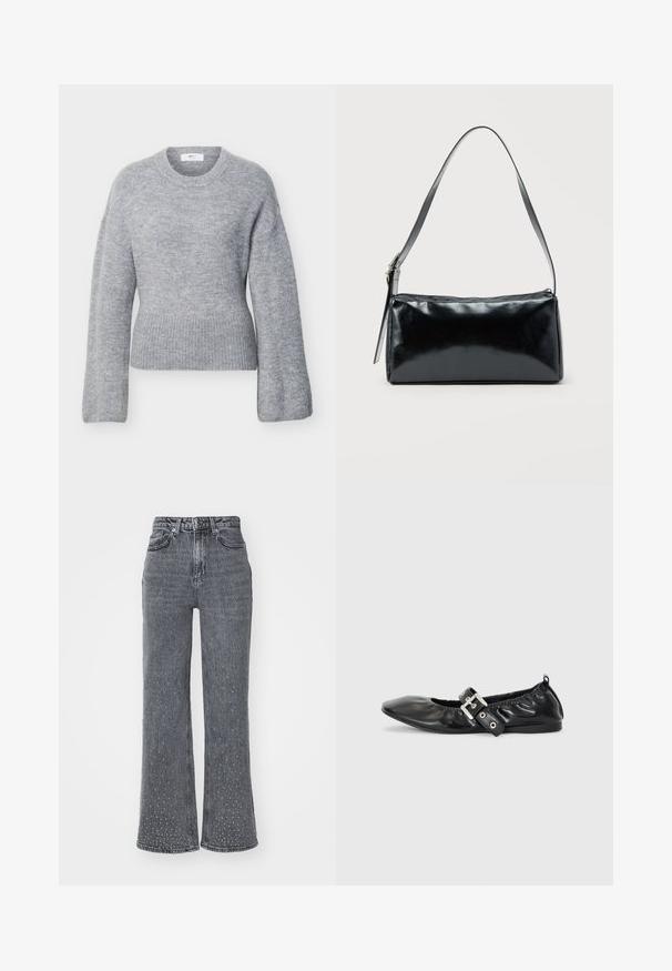 Lysegrå langærmet strikket sweater med ribbet rund halsudskæring, manchetter og kant, vist fladt på en hvid baggrund.; Grå denim flared jeans med høj talje, der har et subtilt prikket mønster og fem-lomme design. Slidt tekstur nær sømmen.; Sorte læder flade sko med spids tå, samling detaljer omkring åbningen, og en sølv spænde accent på den justerbare rem.; Sort rektangulær skuldertaske med en enkelt justerbar rem og lynlås i toppen på en ensfarvet baggrund.