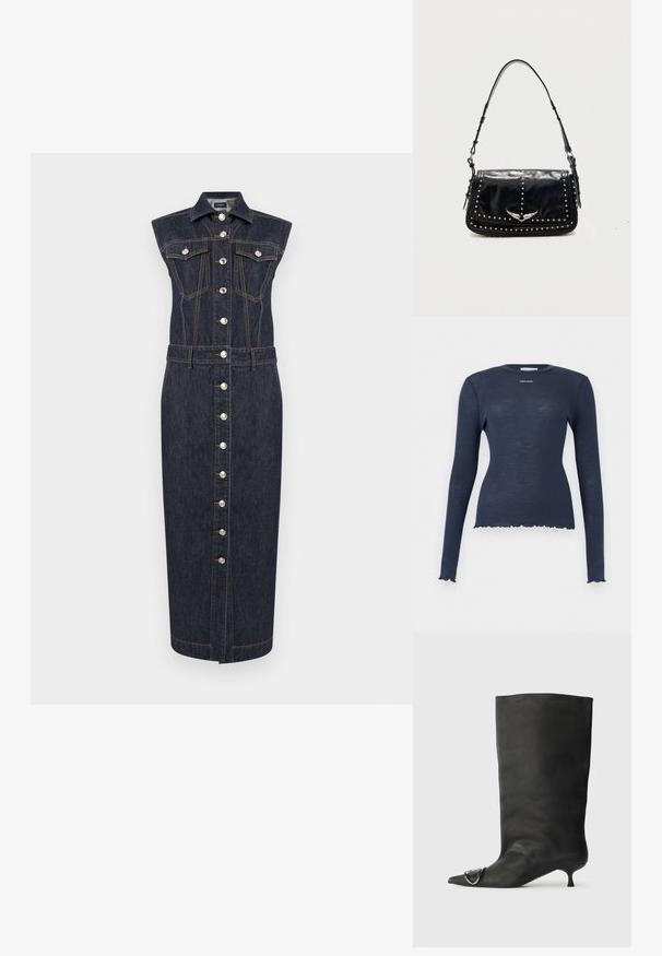 Haut à manches longues en maille côtelée bleu marine avec col rond, ourlets et poignets à bords ondulés, et logo "Stine Goya" sur la poitrine.; Robe midi en denim foncé sans manches avec fermeture à boutons sur le devant, deux poches à rabat sur la poitrine, un col et des surpiqûres contrastantes orange.; Bottines en cuir noir à bout pointu, petite talon et détail métallique sur le bout. Texture lisse et mate partout.; Sac à épaule en cuir noir avec des clous argentés et un emblème métallique ailé sur le rabat avant sur fond uni.
