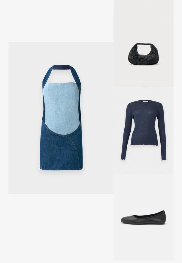 Marineblå langærmet ribstrikket top med rund hals, flæsekant på kant og ærmer samt "Stine Goya"-logo på brystet.; Denimforklæde med en blanding af lyse og mørke blå stoffer, med buede paneldesign og halterneck silhuet.; Sort læderballetsko med rund tå, glat tekstur, minimal syning og et fleksibelt såldesign.; Sort flettet hobo-taske med blød struktur og integreret håndtag, vist på en ensfarvet lys baggrund.