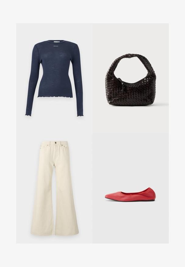 Marineblaues, langärmliges, geripptes Strickoberteil mit Rundhalsausschnitt, wellenförmigem Saum und Ärmelbündchen sowie dem "Stine Goya"-Logo auf der Brust.; Hellbeige weite Jeans aus Baumwolle. Besitzt eine hohe Taille, fünf Taschen und einen Knopfverschluss mit kontrastierenden Nahtdetails.; Filippa K REY FLATS - Klassischer Ballerina - bright red; Geflochtene Lederhandtasche in Dunkelbraun, abgerundete Form mit einem dicken geflochtenen Griff. Verfügt über einen Reißverschluss und dezentes Branding an der Seite.