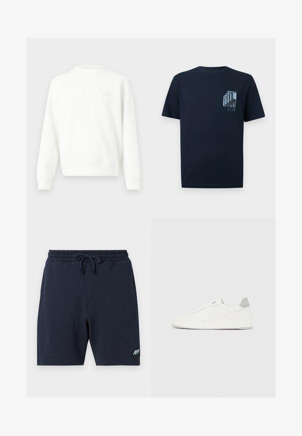 Sweatshirt blanc à manches longues avec col ras du cou, poignets et ourlet côtelés, orné d'un petit logo brodé sur la poitrine gauche.; T-shirt à manches courtes bleu marine avec un petit motif bleu clair représentant un bâtiment et le mot "BOSS" sur la partie supérieure gauche de la poitrine.; Short bleu marine pour homme avec taille élastique et cordon, avec petit logo "BOSS" sur la partie inférieure de la jambe gauche.; Baskets basses blanches avec un onglet de talon gris, des lacets blancs et une semelle texturée, présentées sur un fond uni clair.