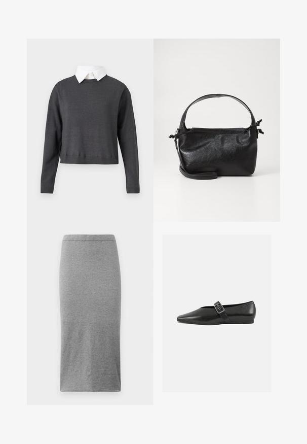 Mørkegrå cropped sweater med lange ærmer, ribbede kanter og en hvid skjorte under, som har en glat tekstur.; Grå, knælang nederdel lavet af blødt, strækbart stof. Den har et enkelt, tætsiddende design med elastisk talje og glat overflade.; Sorte læder flade sko med spidse tæer, prydet med en metallisk spænde over vristen og en lav, fleksibel sål.; Sort læderhåndtaske med et struktureret design, rund tophåndtag og aftagelig skulderrem. Den har en glat tekstur og en subtil glans.