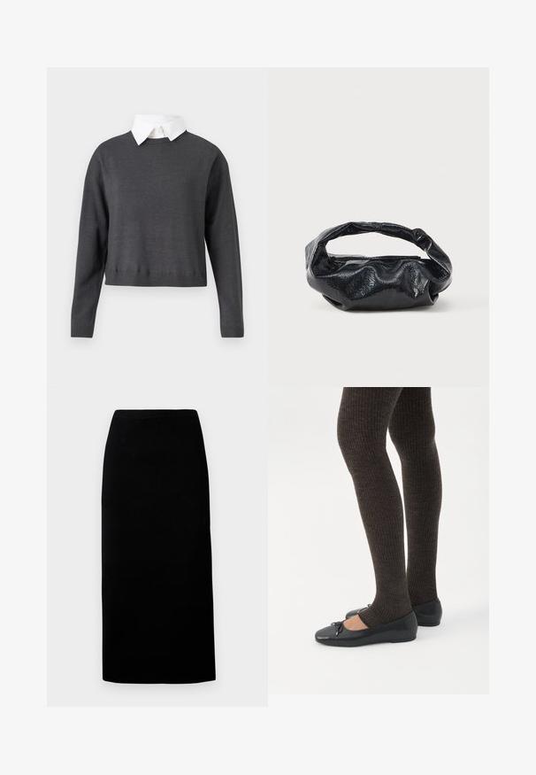 Pull cropped gris foncé avec manches longues, ourlet côtelé, et une chemise col blanc en dessous, présentant une texture lisse.; Jupe midi noire en tissu doux, avec une coupe droite et une taille élastique, présentant une texture lisse sans motifs ni accents visibles.; Jambes portant des leggings côtelés foncés associés à des ballerines noires avec de petits détails en nœud sur fond blanc.; Sac noir en matériau texturé et brillant avec une poignée circulaire torsadée et une fermeture éclair. Présente un design doux et froissé.