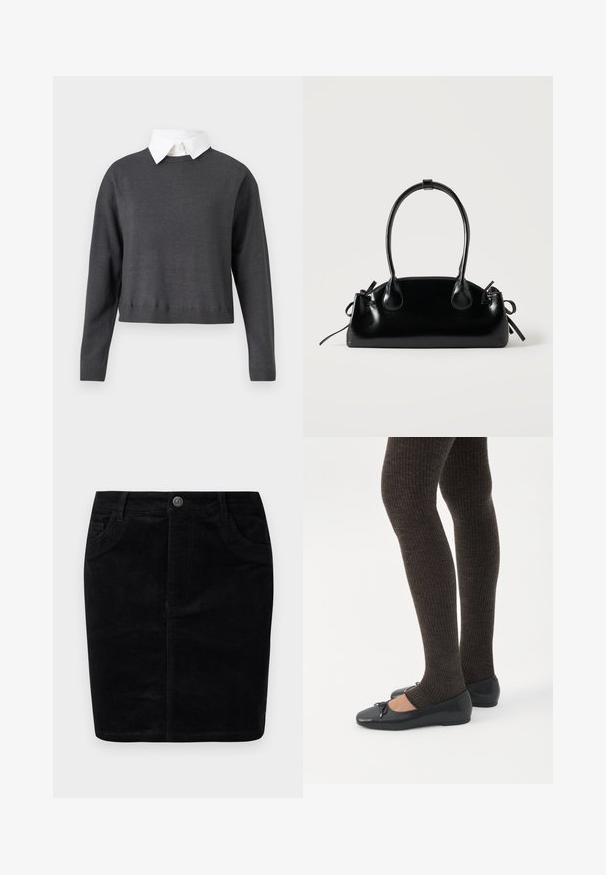Pull cropped gris foncé avec manches longues, ourlet côtelé, et une chemise col blanc en dessous, présentant une texture lisse.; Jupe en velours côtelé noir avec une coupe droite, fermeture à boutons, poches avant, texture ribbée et finition mate.; Jambes portant des leggings côtelés foncés associés à des ballerines noires avec de petits détails en nœud sur fond blanc.; Petit sac à main noir brillant avec deux longues anses et des détails à cordon sur les côtés sur un fond clair uni.