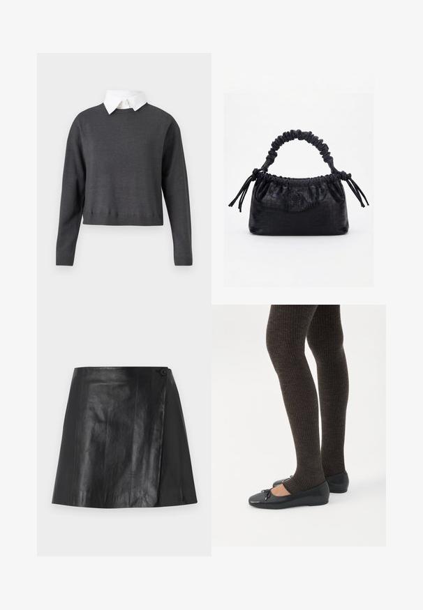Mørkegrå cropped sweater med lange ærmer, ribbede kanter og en hvid skjorte under, som har en glat tekstur.; Sort faux læder mini nederdel med omslag foran, der er sikret med en knap på højre side, glat struktur og let glans.; Ben iført mørke ribbede leggings kombineret med sorte balletsko med små sløjfedetaljer på hvid baggrund.; Sort taske med krokodilletekstur, rynket øverste kant, samlet hank og snore med kvaster på hver side mod en hvid baggrund.