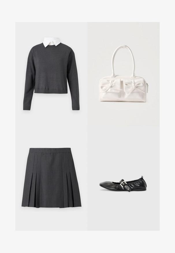 Donkergrijze cropped trui met lange mouwen, geribbelde zoom en een witte coltrui eronder, met een gladde textuur.; ONLY ONLMARION PLEAT SKIRT - Minirok - dark grey melange; Zwarte leren platte schoen met een spitse neus, geplooide details rond de opening en een zilveren gespaccentueerde verstelbare band.; Witte synthetische handtas met twee voorzakken, elk voorzien van een gebonden strikdetail. Soepele textuur, afgeronde handgrepen en een ritssluiting.