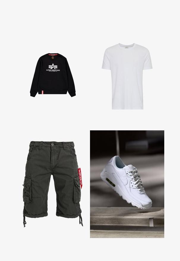 Mustvalge crewneck eriti mustal fliisil, millel on keskelt Valge Alpha Industries logo ja tekst, punane silt allääres, valgel taustal.; Tavaline valge lühikese varrukaga ümmarguse kaelusega T-särk, esitatud valgel taustal, kaelal väike silt kaubamärgiga “Solid”.; Tumedast rohelised cargo lühikesed püksid, mis on valmistatud vastupidavast kangast ja millel on mitmed küljetaskud, nööriga ääre ning punane silt.; Valge nahast tennisete õhustuskujuga pinnad, pehmendustega krae ja nähtav õhuklapp tallas. Omab paelu ja minimaliseeritud disaini.