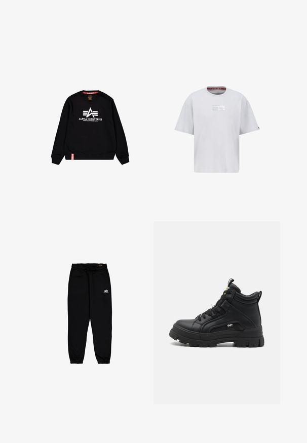 Čierny crewneck sveter s bielym logom a textom Alpha Industries umiestneným na prednej strane, červený tag blízko spodného lemu na bielom pozadí.; Sivá bavlnená tričko s okrúhlym výstrihom, vo voľnom strihu, s krátkymi rukávmi, s metalicky strieborným obdĺžnikovým logom na prednej strane.; Čierne jogger nohavice vyrobené z mäkkého a pružného materiálu. Majú elastický pás sťahovací šnúrkou a elastické manžety. Malé biele logo na bokoch.; Čierne vysoké tenisky vyrobené z textúrovanej kože, s hrubou gumovou podrážkou, šnurovaním vpredu a malým logom na boku.