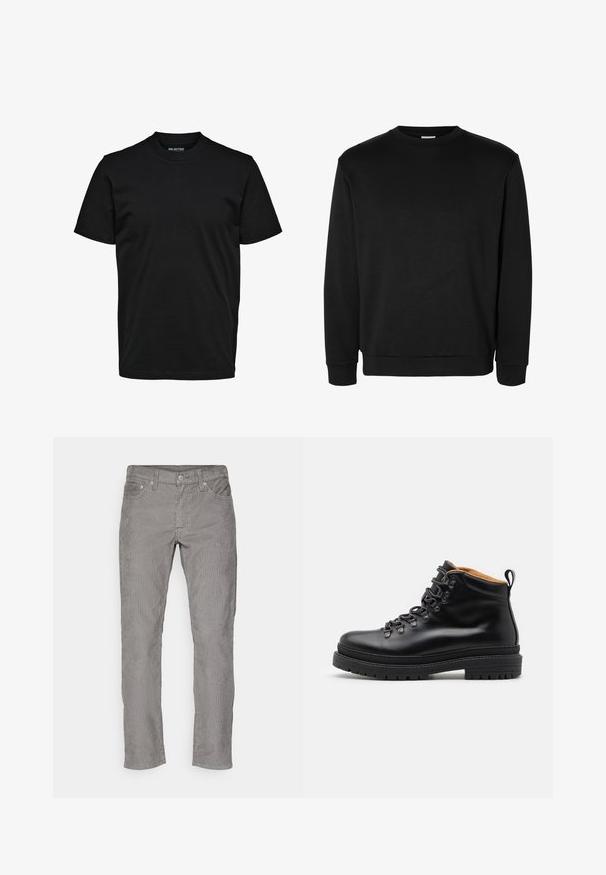 Sort langærmet sweatshirt med rund hals, ribkanter ved ærmer og bund, ensfarvet design uden synlige logoer eller mønstre.; Simpel sort T-shirt med korte ærmer, rund hals og almindelig pasform uden synlige mønstre eller logoer.; Levi's® 511® SLIM - Jeans Slim Fit - pewter s 14w cord; Zign by Zalando LEATHER - Snørestøvletter - black