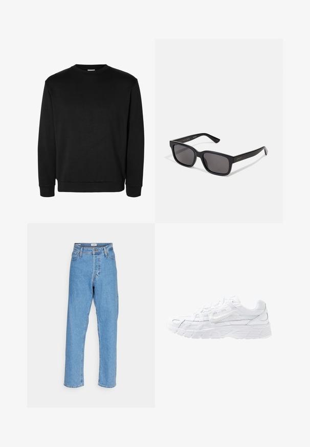 Sweat-shirt noir à manches longues avec col rond, poignets et bas côtelés, design uni sans logos ni motifs visibles.; Jeans taille haute droite bleu clair avec bouton à l'avant, fermeture éclair, passants de ceinture et design à cinq poches sur fond blanc.; Nike Sportswear P 6000 UNISEX - Baskets basses - white/platinum tint; Lunettes de soleil noires rectangulaires avec des verres sombres. Fini mat, branding doré sur la branche, et bras droits et effilés.