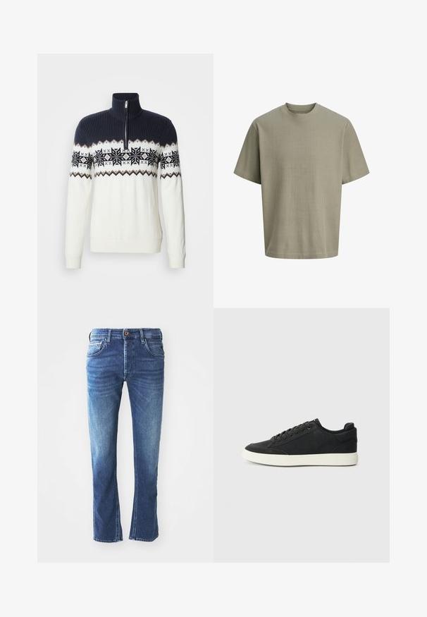 Strikket sweater med lynlås i halsen, mørkeblå top og hvid krop med et mønster af sorte snefnug og geometriske detaljer.; Kortærmet, ribstrikket T-shirt med rund hals i dæmpet olivengrøn, vist på en hvid baggrund.; Mørkeblå denim jeans med lige ben-design, der har fem lommer, en brun knaplukning og diskret lys udtoning ved lårene.; Sorte sneakers med en struktureret overdel, flad hvid gummisål og matchende snørebånd. Har en rund tå og et minimalistisk design.