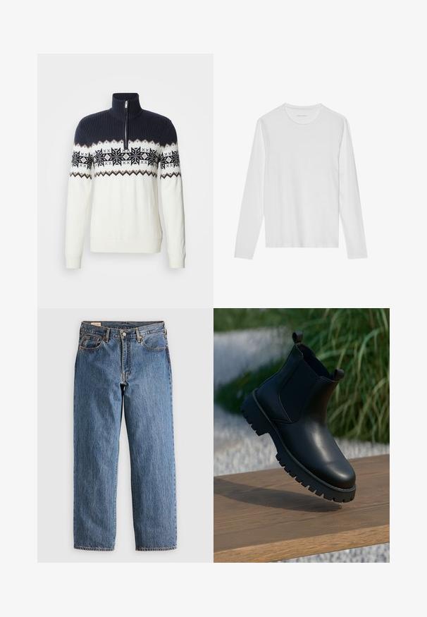 Suéter de punto con cuello de cremallera, parte superior en azul marino oscuro y cuerpo blanco con un diseño estampado de copos de nieve negros y acentos geométricos.; Camiseta blanca de manga larga hecha de algodón suave, con cuello redondo y una textura lisa sin patrones ni detalles visibles.; Jeans de mezclilla azul con un corte recto, que cuentan con una cintura alta, remaches de cobre y costuras naranjas. Incluyen bolsillos delanteros y traseros.; Botas de tobillo de cuero negro con paneles laterales elásticos, punta redonda y suela de taco grueso, exhibidas sobre una superficie de madera.