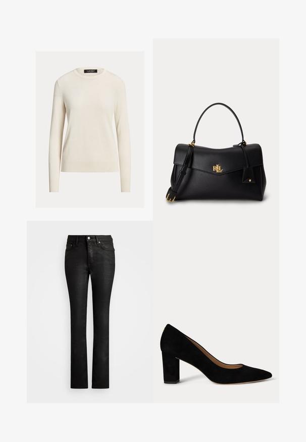 Lys cremet sweater, lange ærmer, rund halsudskæring, strikket tekstur, ribbede manchetter og kant, mærket med "LAUREN." Enkel, minimalistisk design.; Sorte denim jeans med en slim fit, fem-lomme design og subtil glans. Har en knaplukning og bælteløkker.; Damskoledressko i sort ruskind med lav blokhæl, spids tå og beige indvendig for på hvid baggrund.; Sort læderhåndtaske med top håndtag, aftagelig skulderrem og gyldent "RLL" logo på frontklappen.