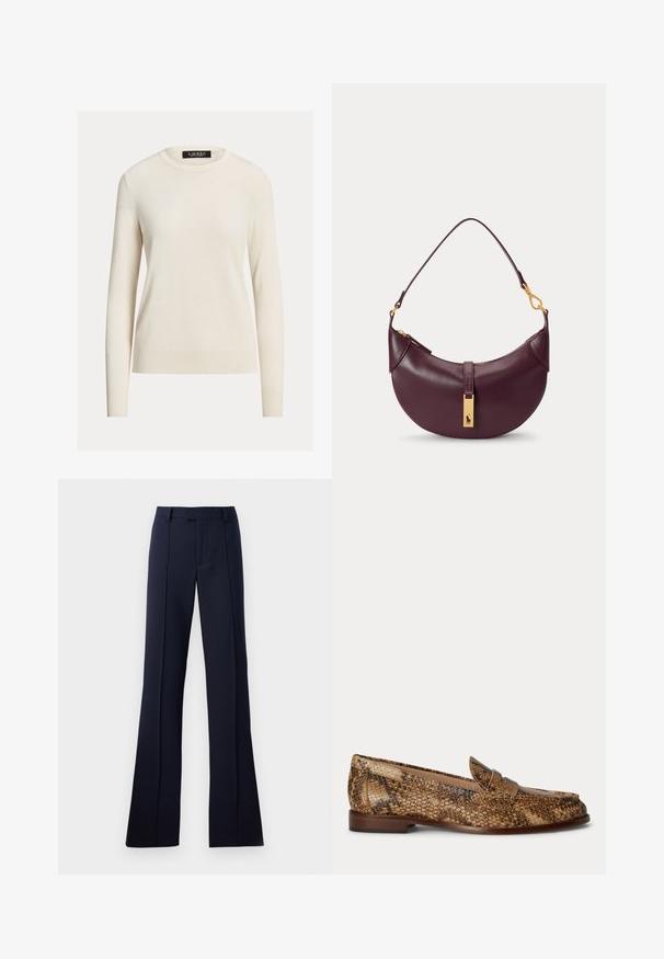 Suéter de crema claro, de mangas largas, escote redondeado, textura de punto, puños y dobladillo acanalados, etiqueta que dice "LAUREN." Diseño simple y minimalista.; Pantalones acampanados de color azul marino, confeccionados con una tela suave. Cuentan con un frente plano, pasadores para cinturón y pliegues planchados. Sin patrones o acentos visibles.; Mocasín de cuero marrón con estampado de piel de serpiente y tacón bajo de madera, mostrado de lado sobre un fondo liso.; Pequeño bolso de hombro de cuero púrpura oscuro con cremallera dorada y etiqueta rectangular dorada con logotipo en la correa delantera.