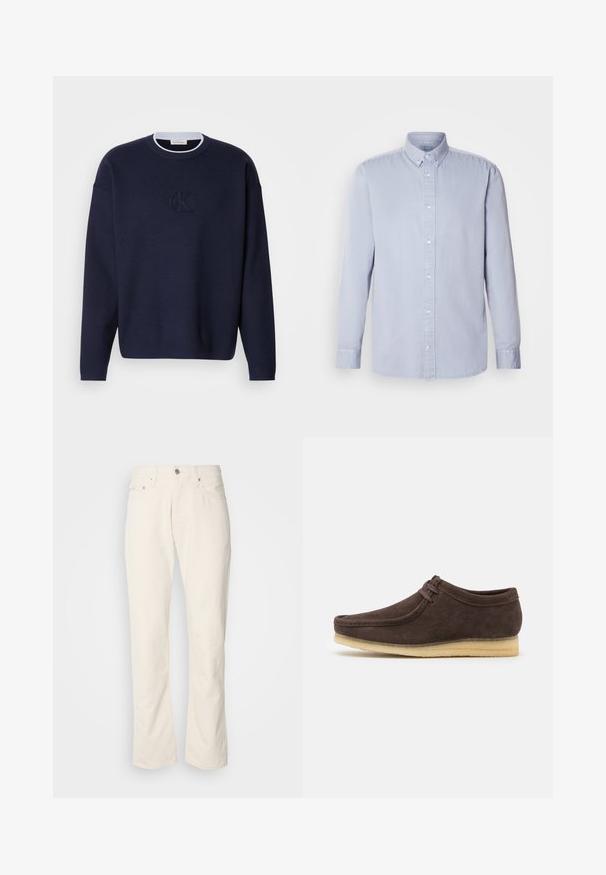 Marineblå strikket sweater med rund hals, ribbet krave og subtilt broderet "ck" logo på forsiden. Lange ærmer, løs pasform.; Lyseblå langærmet skjorte med knaplukning lavet af bomuld med en blød textur, der har en klassisk krave og frontknapper.; Beige bomuldsjeans med et klassisk lige ben-design, der har en forreste knaplukning, fem lommer og diskrete syninger.; Brune ruskindsko med en glat overflade, rund tå og minimalistisk design. Har en lysgummisål og kontrastfarvet snøredetalje.