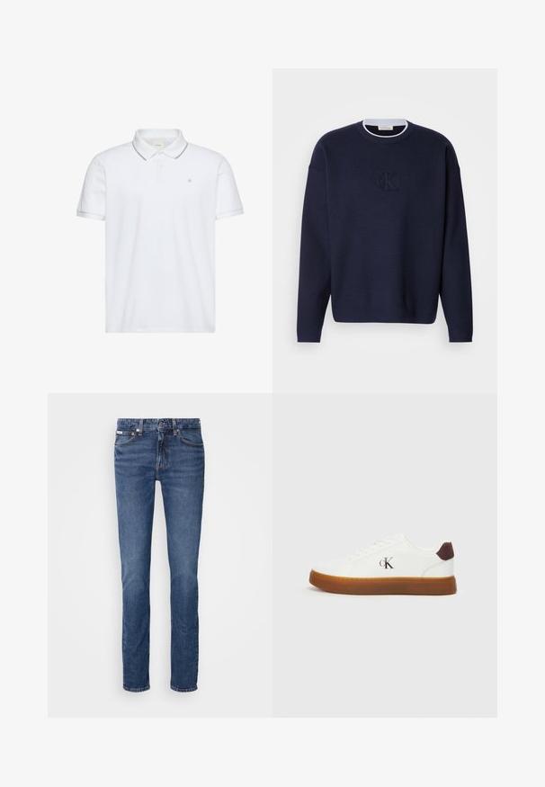 Suéter de punto azul marino con cuello redondo, cuello acanalado y sutil logotipo bordado "ck" en la parte frontal. Mangas largas, corte holgado.; Polo blanco de manga corta con tapeta de dos botones, ribete gris en el cuello y los puños, y pequeño logo "ck" bordado en el pecho.; Jeans de mezclilla azul con un diseño de pierna recta, que presentan un clásico diseño de cinco bolsillos y acentos de hardware en color cobre en la cintura y los bolsillos.; Zapatillas blancas con suela de goma, cordones planos y acento de talón de gamuza marrón. Presenta un discreto logo "cK" en relieve en el lateral.