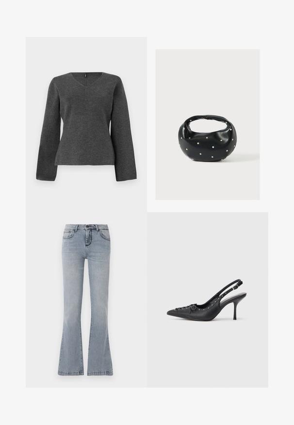 Haut en tricot gris à manches longues avec un col en V, présentant une silhouette ajustée et des détails de couture au centre. Texture douce sans ornements.; Jean en denim bleu clair avec une coupe évasée, fermeture à bouton et zipper à l'avant, et un design classique à cinq poches.; Escarpin en cuir noir à talon aiguille avec un bout pointu, une bride latérale à boucle, des clous le long du bord et un laçage décoratif à l'avant.; Sac à main en cuir noir de forme arrondie, décoré de clous argentés et équipé d'une poignée courte. Texture lisse et fermeture éclair.