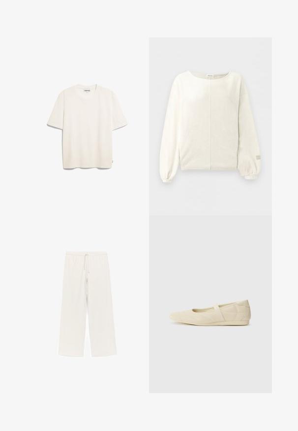 Roomkleurige trui met lange mouwen, een ronde hals, centrale naad, pofmouwen aan de manchetten en subtiele logotekst op de rechtermouwmanchet.; Rondhals, kortebloezende t-shirt van zachte, lichte katoen. Lichtbeige kleur met een relaxte pasvorm en een label aan de zijnaad.; Licht beige wijde broek van een zachte stof. Voorzien van een elastische tailleband met trekkoord, een gladde structuur en geen zichtbare patronen.; Beige ballerina's met een gladde leren buitenkant, amandelvormige punt en elastische band over de wreef, met subtiele stiksels.